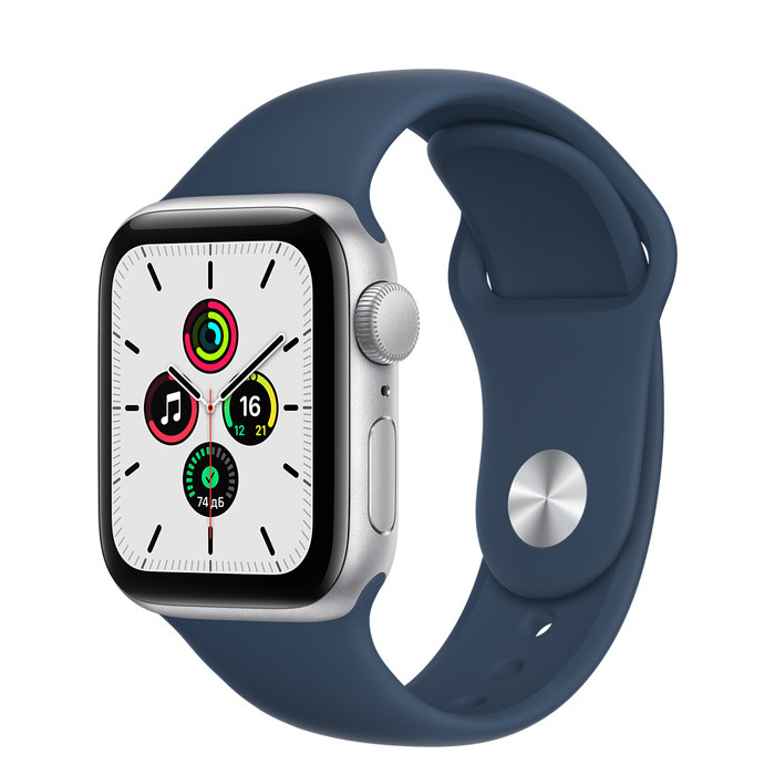 Apple Watch SE, 44 мм, корпус из алюминия серебристого цвета, спортивный ремешок цвета «Синий омут» 